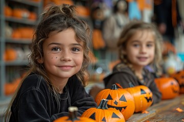 Fototapeta premium Young Girl Smiles During Pumpkin Carving Activity at Fall Festival