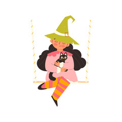 kids magic elements. Cute witch with black cat. Witchcraft and magic