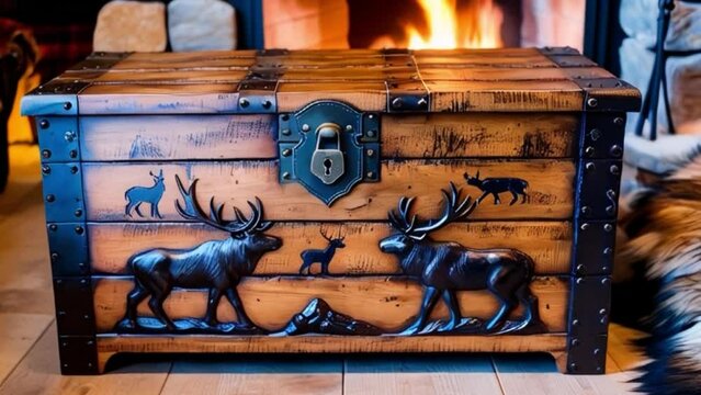 a sturdy wooden chest with a rustic design and a distressed finish, adorned with intricate carvings of animals and a large metal lock in a vintage style, placed in a cozy cabin with a stone fireplace 