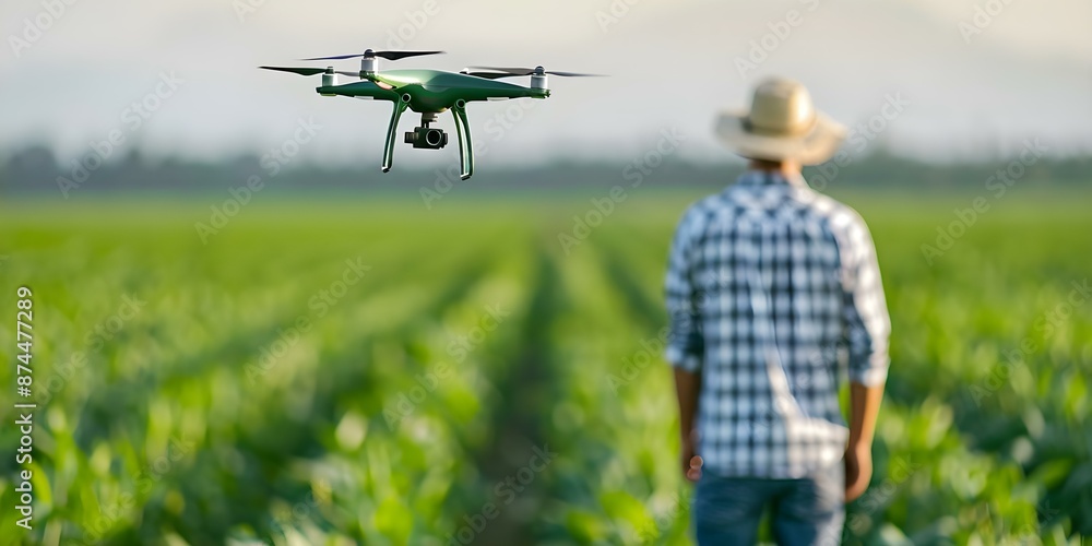 Poster man using drone in green farm fields for monitoring agriculture innovation. concept drone technology