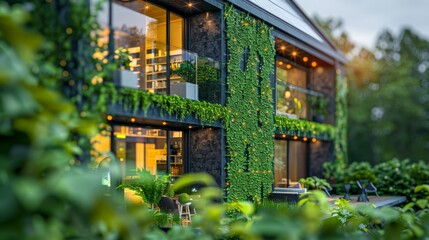 Intelligent home with AI energy management, solar panels, smart appliances, and green walls, eco-conscious design , focus cover all object, deep dept of field