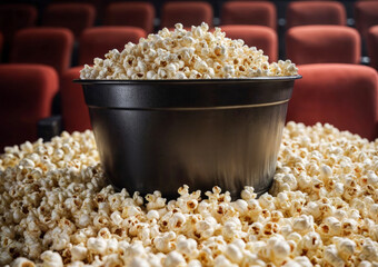 Obraz premium Popcorn in a black bucket and in a mountain of popcorn against the background of red chairs in a cinema