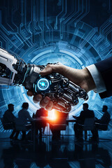 AI and Human handshaking at a conference for a futuristic business deal, Human hands and robot hands handshake, AI hologram