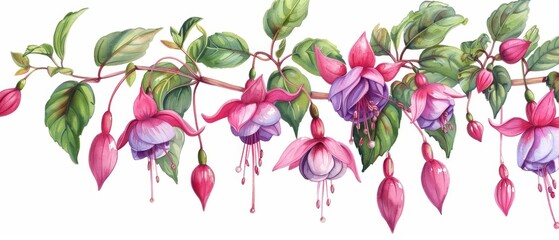 A bright watercolor painting of fuchsias, highlighting their pendulous, colorful blooms, isolate on white background with copy space