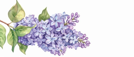 A bright watercolor rendering of lilacs, showcasing their clusters of fragrant purple flowers, isolate on white background with copy space