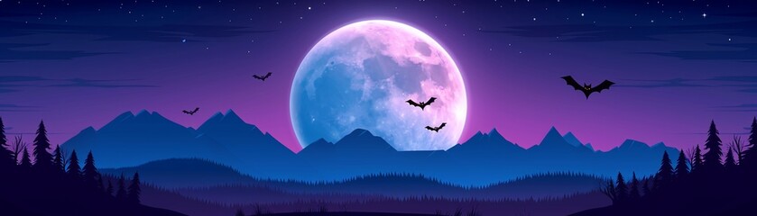 Naklejka premium Halloween moon, bats flying across, dark sky, flat design illustration