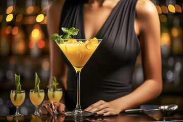 Woman holding yellow cocktail with mint and lemon garnish