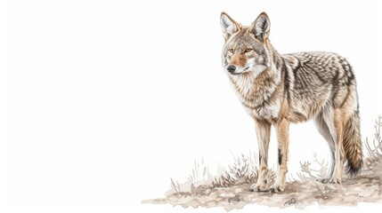 Obraz premium A coyote standing alert in a desert landscape, captured in warm and dusty watercolor tones, isolate on white background with copy space