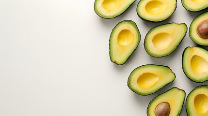Halved avocados arranged on a white background. Flat lay composition with copy space for food and nutrition design