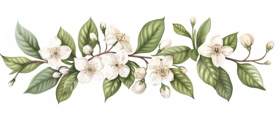 Obraz premium A delicate watercolor illustration of jasmine, highlighting its tiny white blossoms and sweet fragrance, isolate on white background with copy space