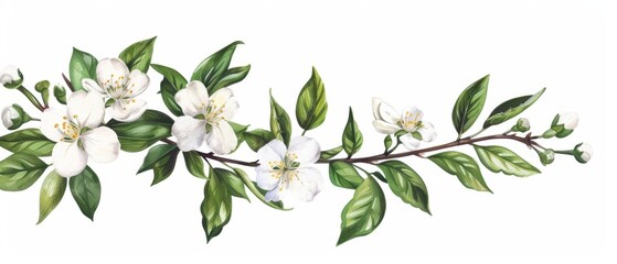 A delicate watercolor illustration of jasmine, highlighting its tiny white blossoms and sweet fragrance, isolate on white background with copy space