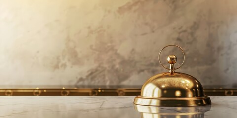 A gold service bell on a marble counter in a luxury hotel lobby, symbolizing hospitality and excellent service.