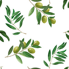 Seamless pattern with olive tree elements. Hand drawn watercolor illustration on white background for print, wrapper, textile, fabric, packaging