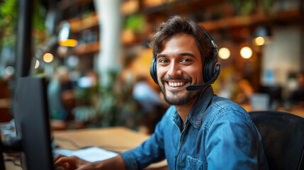 Obraz premium Handsome young Caucasian man working in call center, wearing headset and laptop in front, copy space
