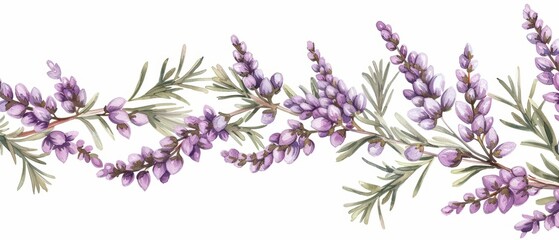 A detailed watercolor rendering of heather, showcasing its tiny purple blossoms in dense clusters, isolate on white background with copy space