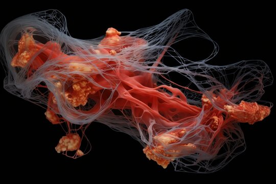 Dynamic 3d rendering of abstract organic network connections intertwined in a complex and intricate biological meshwork design