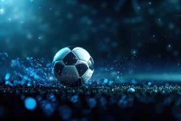 Fototapeta premium A fantastical football game under a shimmering aurora, where the ball leaves a trail of stardust and the players have wings, with copy space