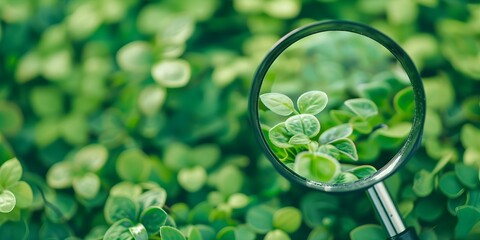 Magnifying glass over green plants symbolizes sustainability environmental protection and green energy. Concept Green Energy, Sustainability, Environmental Protection, Magnifying Glass, Green Plants