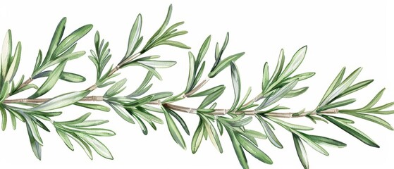 Fototapeta premium A fragrant watercolor painting of rosemary, with its needlelike leaves in deep green hues, isolate on white background with copy space