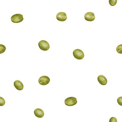 Seamless pattern with green olive berries. Hand drawn watercolor illustration on white background for print, wrapper, textile, fabric, packaging