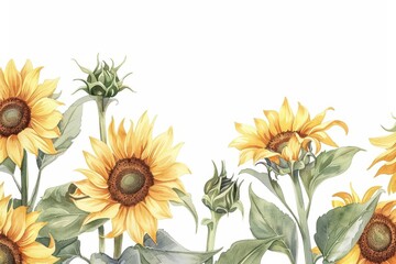 Naklejka premium A lively watercolor painting of sunflowers, their golden heads turned towards the sun, isolate on white background with copy space