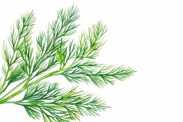 A lively watercolor rendering of dill, with its feathery fronds and fresh green tones, isolate on white background with copy space