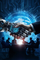Obraz premium AI and Human handshaking at a conference for a futuristic business deal, Human hands and robot hands handshake, AI hologram