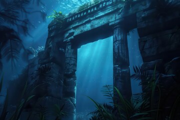 Obraz premium A mystical underwater realm where ancient ruins are lit by bioluminescent flora and fauna, high tech, with copy space