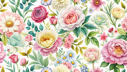 Vibrant spring and summer floral set featuring a seamless pattern of assorted flowers and plants such as roses, peonies, daisies, and greenery in soft pastel hues.