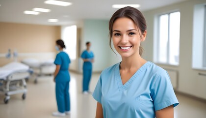 Obraz premium Smiling woman healthcare worker in hospital