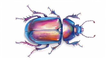 A scarab beetle painted in iridescent watercolor tones, showcasing its metallic sheen, isolate on white background with copy space