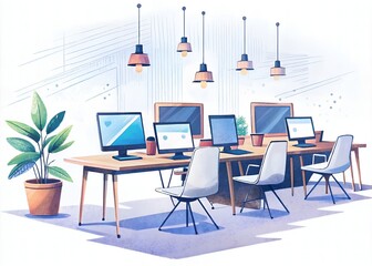 Modern startup studio with multiple laptops and computers displaying coding and business data on screens, surrounded by empty chairs, desks and minimal decor.