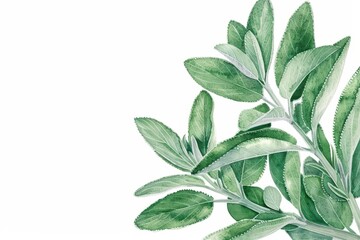 A soft watercolor depiction of sage, highlighting its velvety leaves and muted green color, isolate on white background with copy space