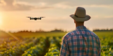 Farmer uses drone for organic crop monitoring blending tech with traditional methods. Concept Agriculture, Technology, Farming, Organic, Drones