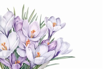 Obraz premium A soft watercolor painting of crocuses, highlighting their early spring blooms in delicate shades, isolate on white background with copy space