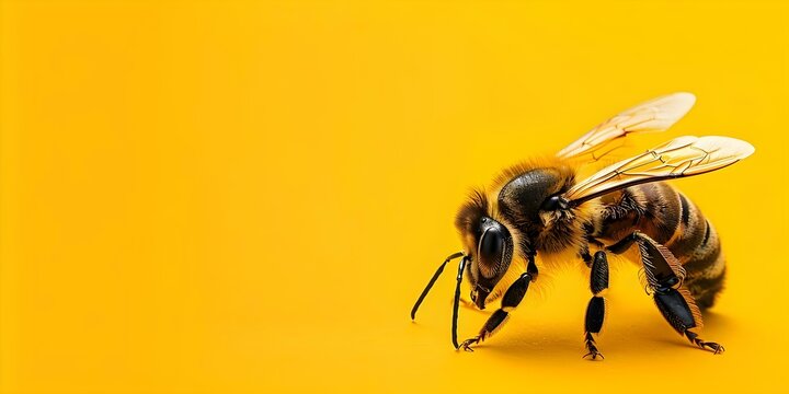 World Bee Day concept with yellow background and black and yellow bee. Concept World Bee Day, Yellow Background, Black and Yellow Bee, Nature Conservation, Pollination Importance