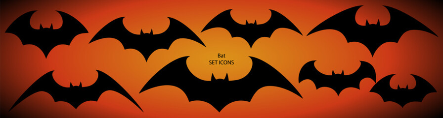 Halloween bat silhouette set. Halloween flying bats. Vampire vector bat. Dark silhouette of bat flying in a flat style
