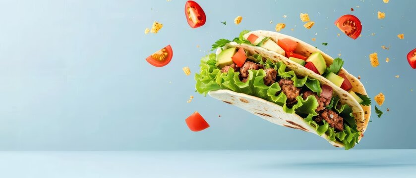 A surreal taco that assembles itself midair, with ingredients flying into place and creating a visually stunning and magical culinary delight, with copy space