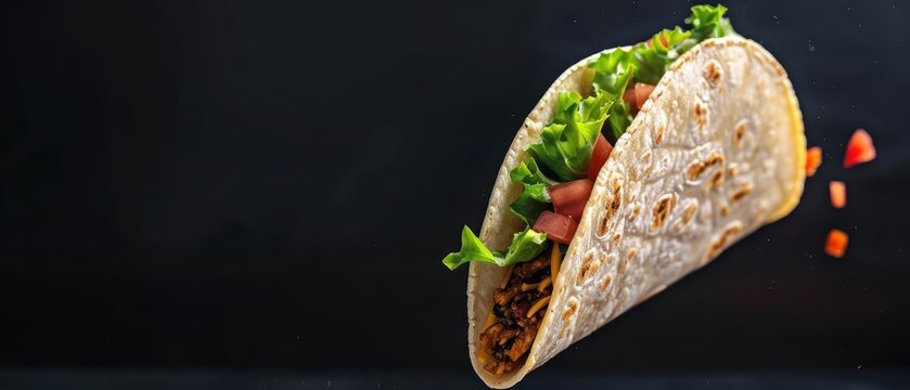 A surreal taco that assembles itself midair, with ingredients flying into place and creating a visually stunning and magical culinary delight, with copy space