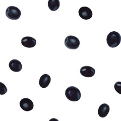 Seamless pattern with black olive berries. Hand drawn watercolor illustration on white background for print, wrapper, textile, fabric, packaging