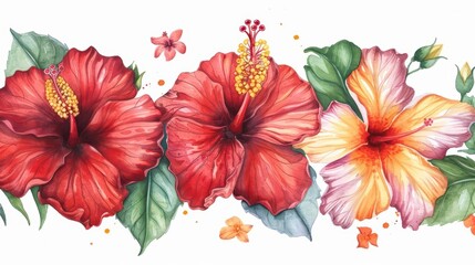 Obraz premium A vibrant watercolor painting of hibiscus flowers, capturing their tropical allure in vivid hues, isolate on white background with copy space
