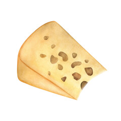 Watercolor cheese piece with holes Italian dairy product Maasdam Food illustration for logo poster wrapping paper menu recipe print packaging design Gouda Delicious delicacy Cuisine Appetizer