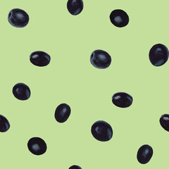 Seamless pattern with black olive berries. Hand drawn watercolor illustration on green background for print, wrapper, textile, fabric, packaging