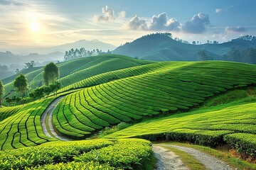 The tea plantations background , Tea plantations in morning light