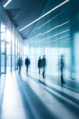 Motion blur Business employees walking in modern business office corridor