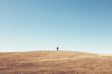 spirit of adventure with a minimalist landscape, hiker trekking alone  through a vast wilderness, the expansive landscape and open sky conveying a sense of travel, freedom and exploration 