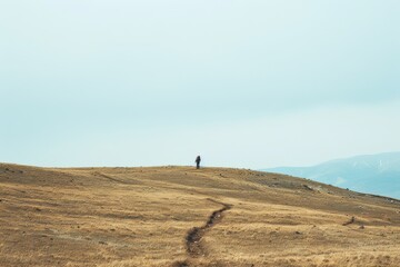 spirit of adventure with a minimalist landscape, hiker trekking alone  through a vast wilderness, the expansive landscape and open sky conveying a sense of travel, freedom and exploration 
