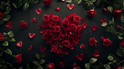 Romantic red rose petals on black show a beautiful love and valentine's day decoration