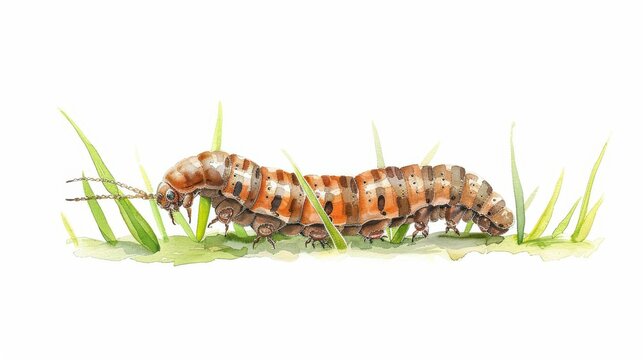 An armyworm depicted in earthy watercolor tones, crawling along a field of crops, isolate on white background with copy space