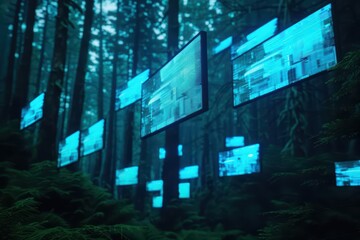 Obraz premium An enchanted brainstorming session in a futuristic forest, where ideas are visualized as floating, holographic images among the trees, high tech, with copy space